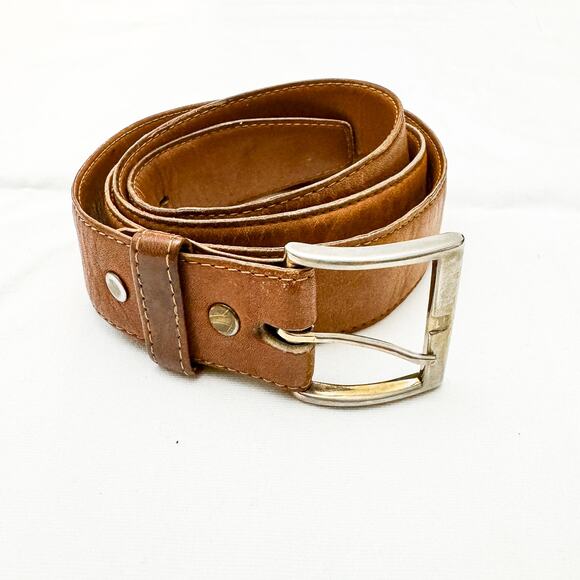 Brown Leather Belt Hidden Inside Pocket Zippered Silver Buckle Size 42 - Picture 1 of 4